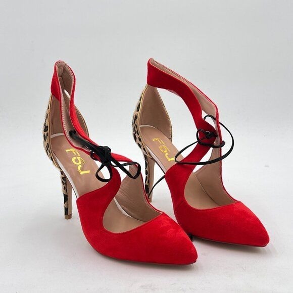 FSJ Red Women Stylish High Heel Pumps Lace Up Sandals Cut Out Stiletto Party