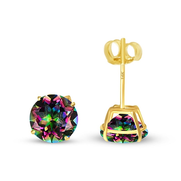 6mm 14K Real Gold Mystic Topaz Rainbow Round Earrings Push Backing 1 Pair