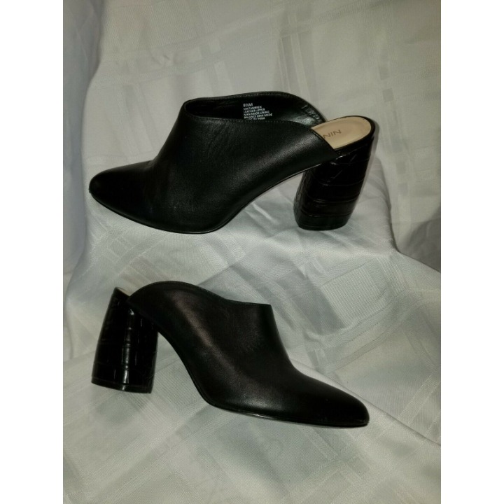 Nine West Women's Black Leather Croc Embossed Block Heel Point Toe Mule Shoe 9.5