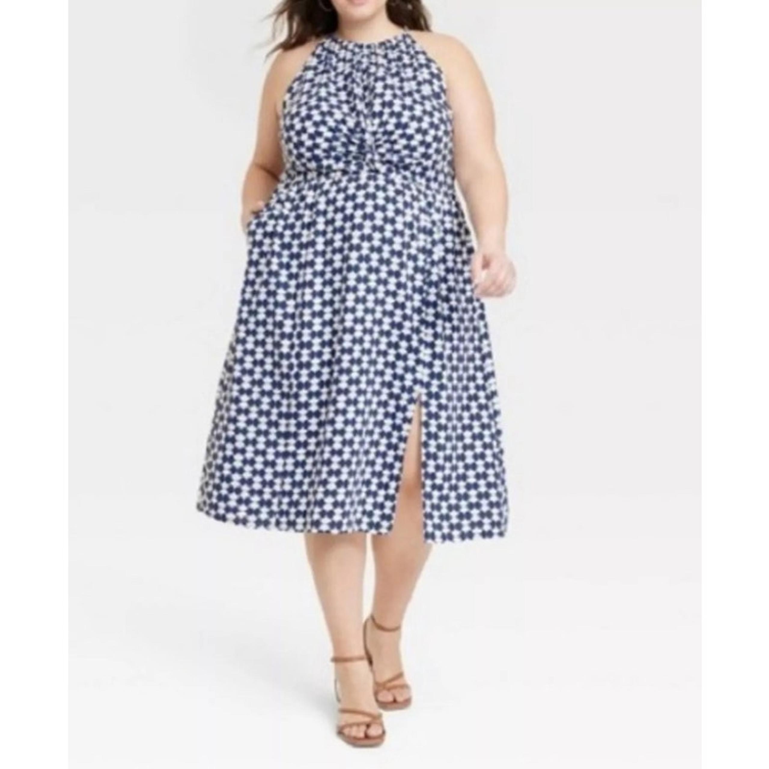 Ava & Viv Dress Women's Size 2X Blue White Geometric Halter Neck Pockets New
