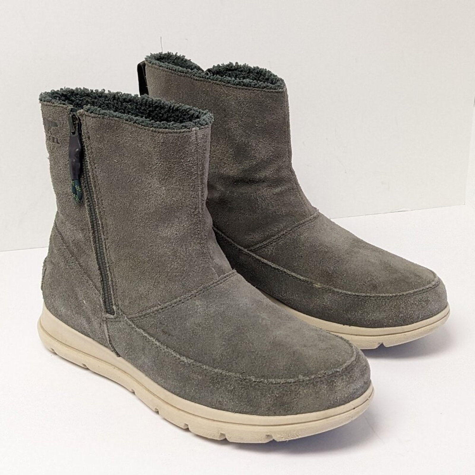 Sorel Explorer Side Zip Winter Boots, Grey/Olive, Women's 8.5