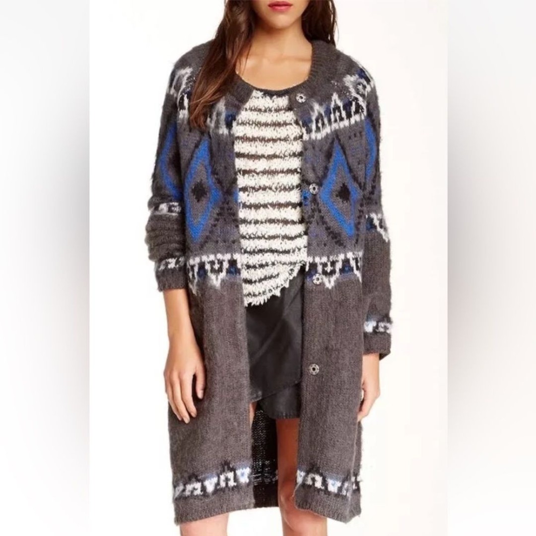 Free People Frosted Fair Isle Cardigan Grey Combo Size L