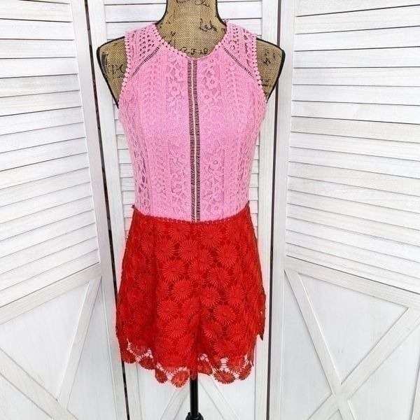 SugarLips Birdie Crochet Lace Color Block Romper Pink Red Small