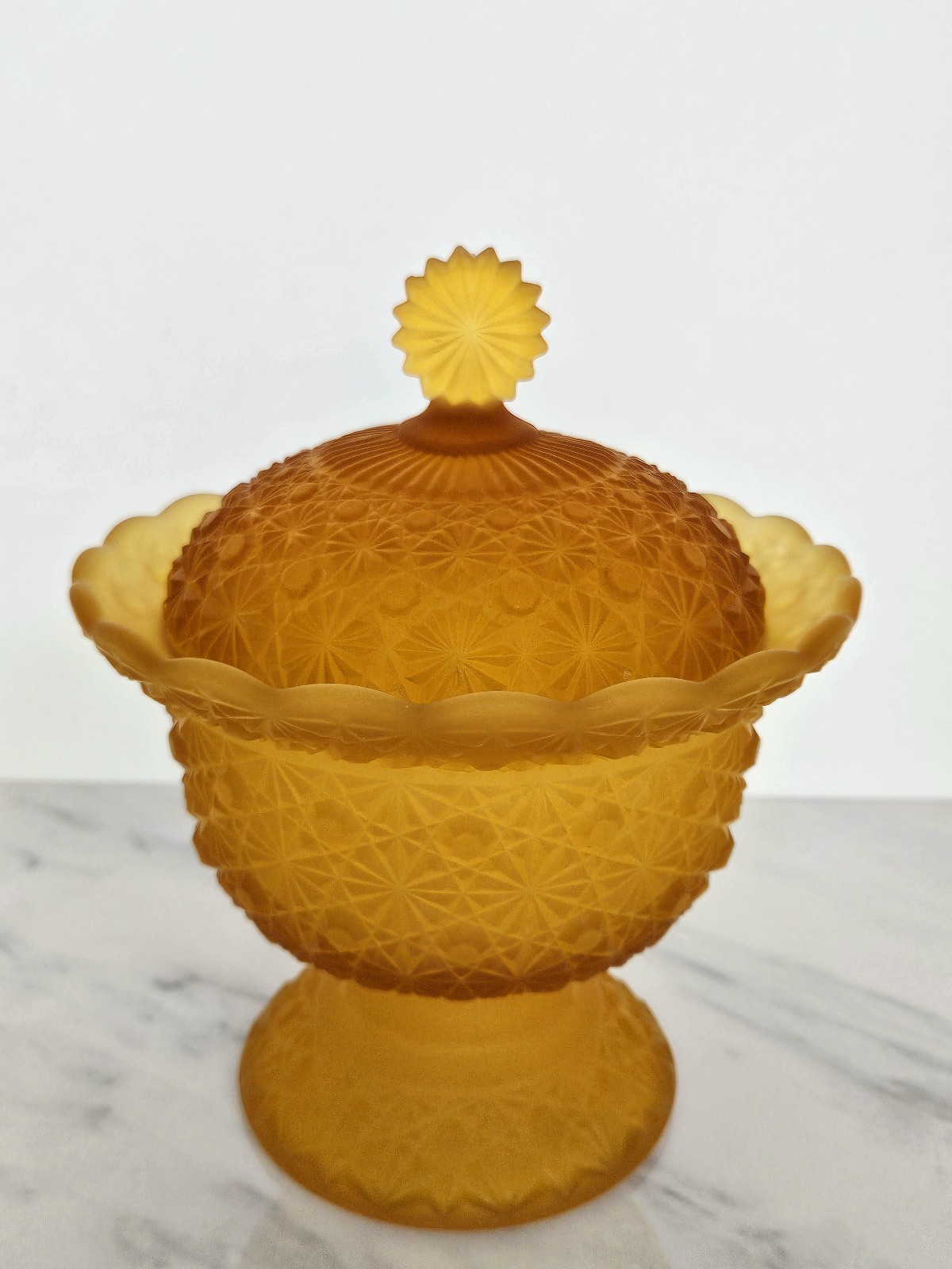 Vintage Fenton Glass LG Wright Daisy and Button Satin Amber Candy Dish
