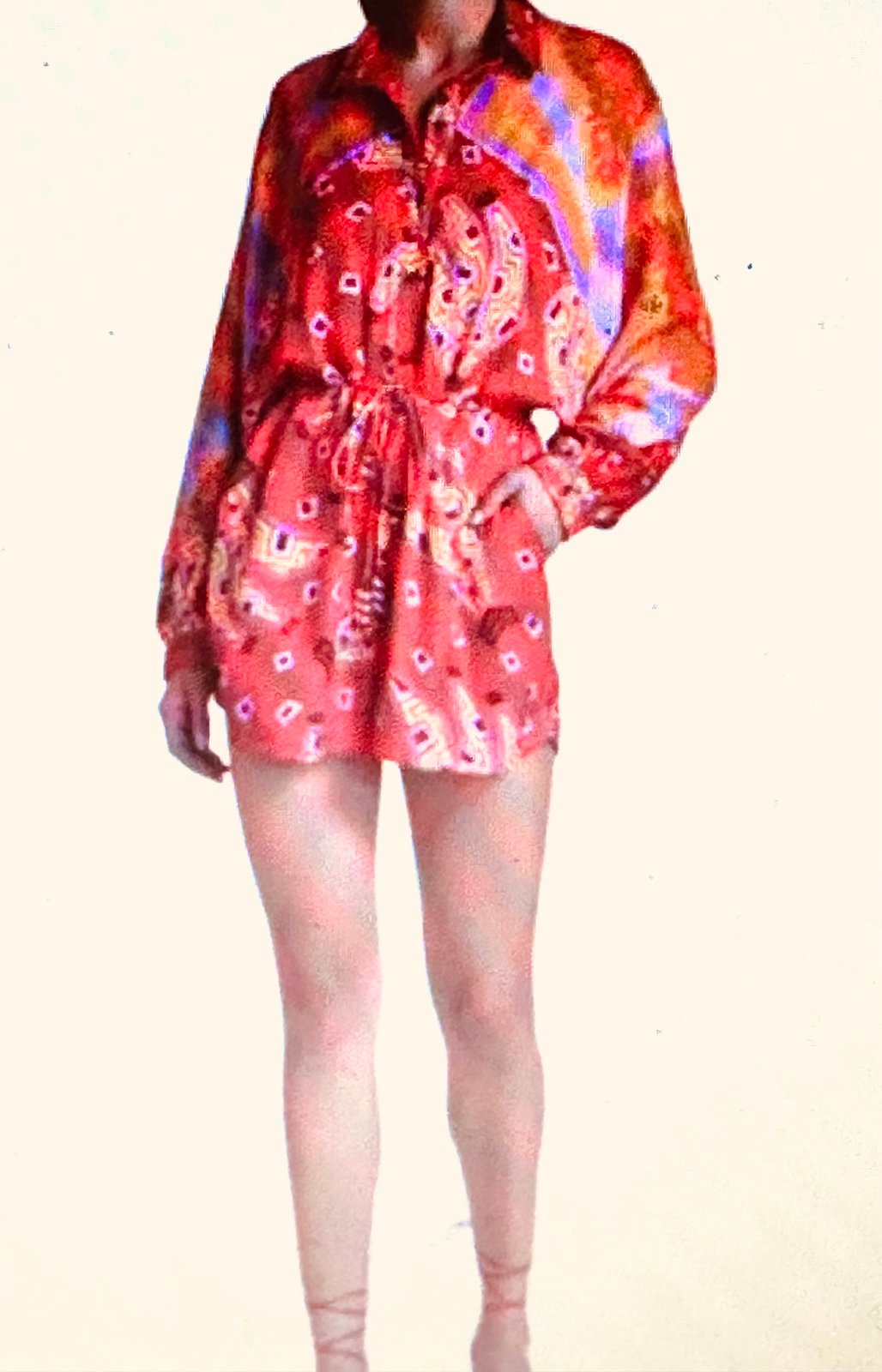 Farm Rio Silky Colorful Puff Long Sleeves Short Jumpsuit Romper belted Strings M