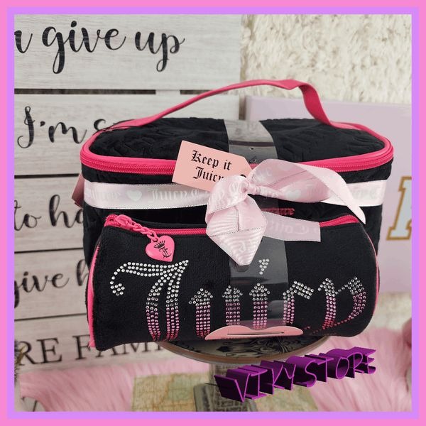 NWT Juicy Couture Black Velvet Traincase Set + Roll Bag #7193