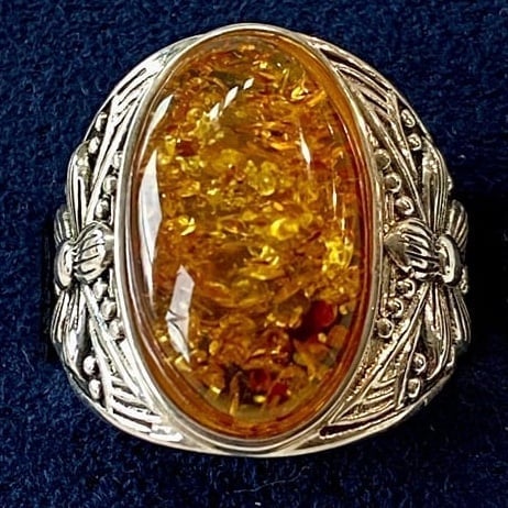 NATURAL LARGE AMBER SOLID 925 STERLING SILVER RING SIZE 8 - Made in Thailand