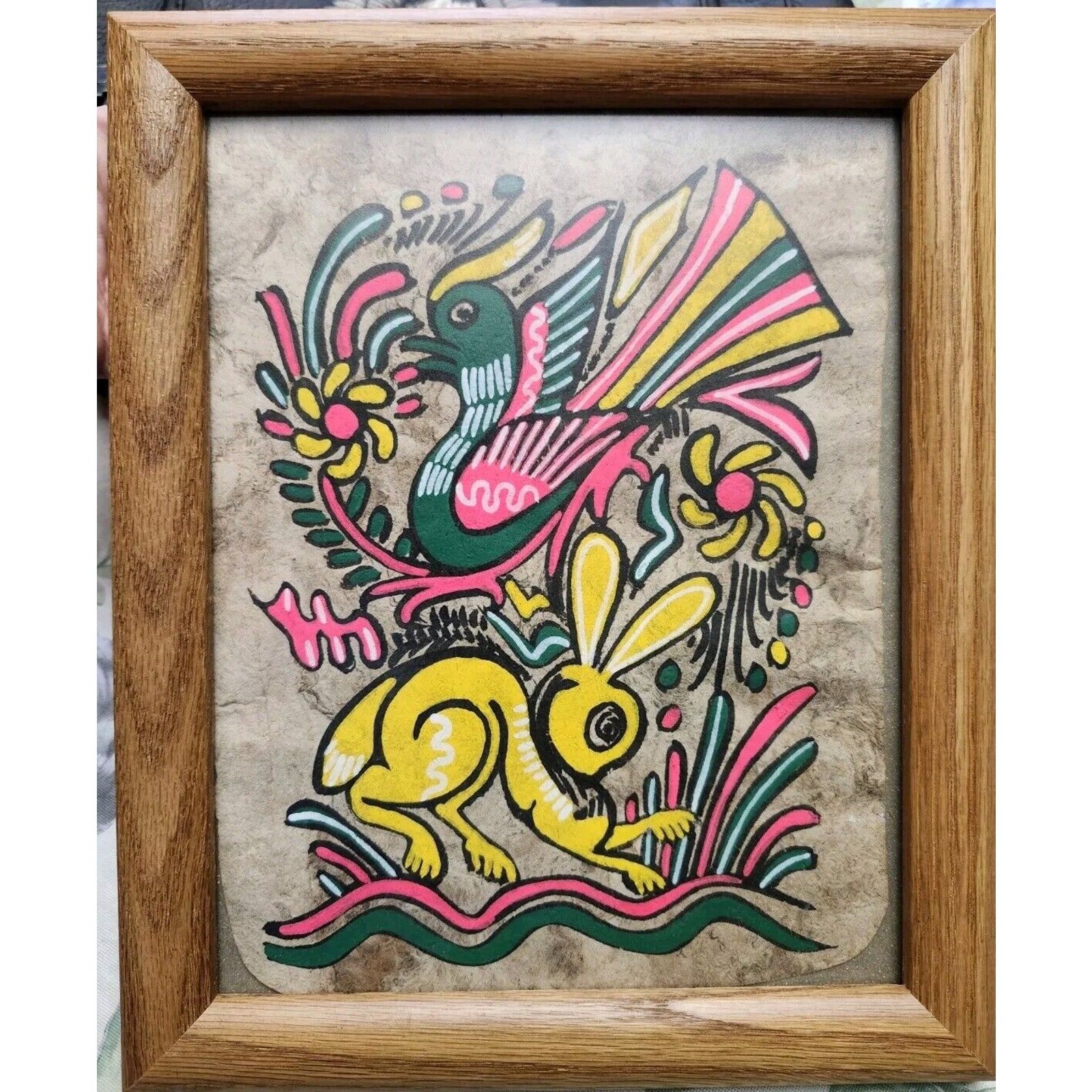 Vintage Mid-60’s Colorful Mexican Folk Art Painting on Amate Tree Bark Parchment