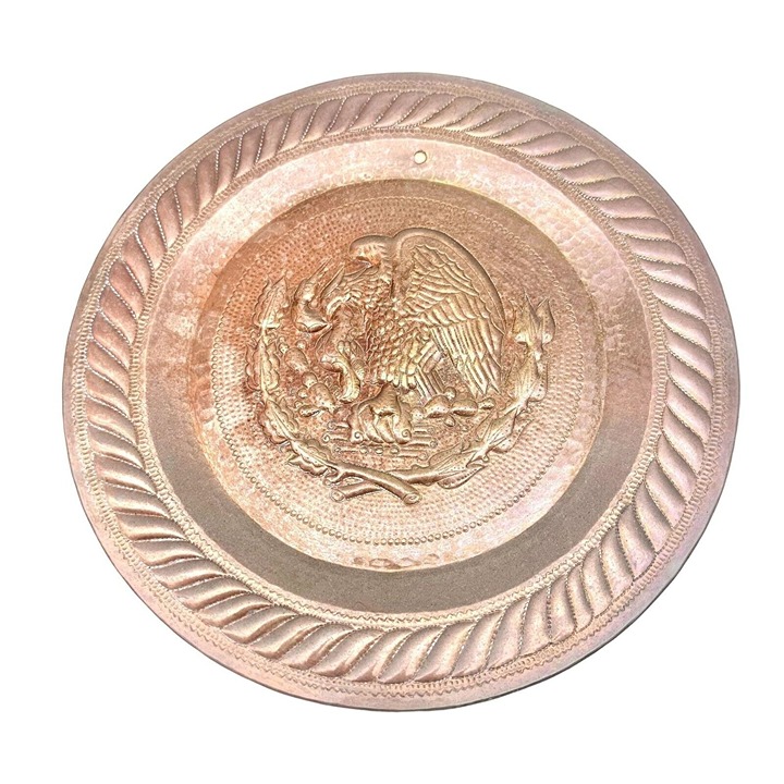 Vintage Display Plate 12 in Copper Raised Eagle Fighting Serpent Hanger on Back