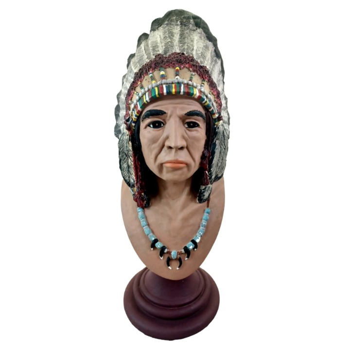 Vintage 1981 Marked Native American Chief Bust Plaster Hand Painted 13.5 Tall