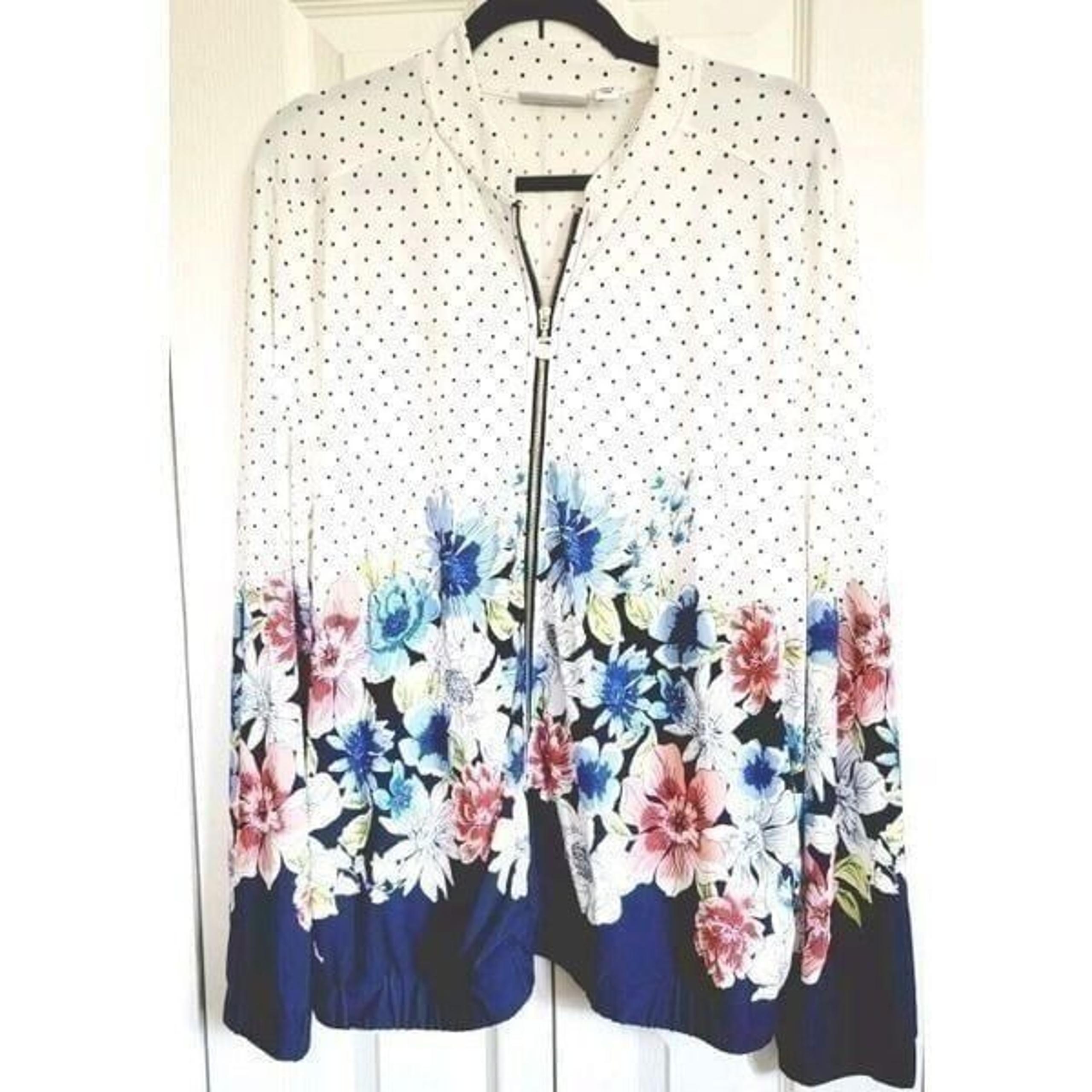 Susan Graver XL Women's White Blue Pink Floral Print Long Sleeve Zip Up Jacket