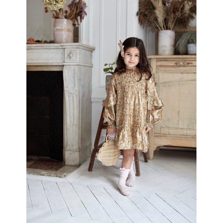 NWT Louise Misha Agatha SILK sleeves golden Dress 12y girl Saffron Lurex Flowers