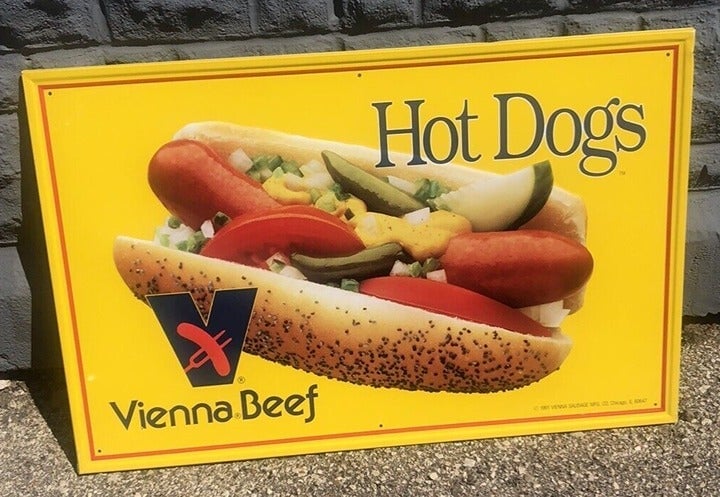 NOS Vienna Vintage Sausage Metal Tin Sign 23x35 Advertising Chicago Beef Hot Dog