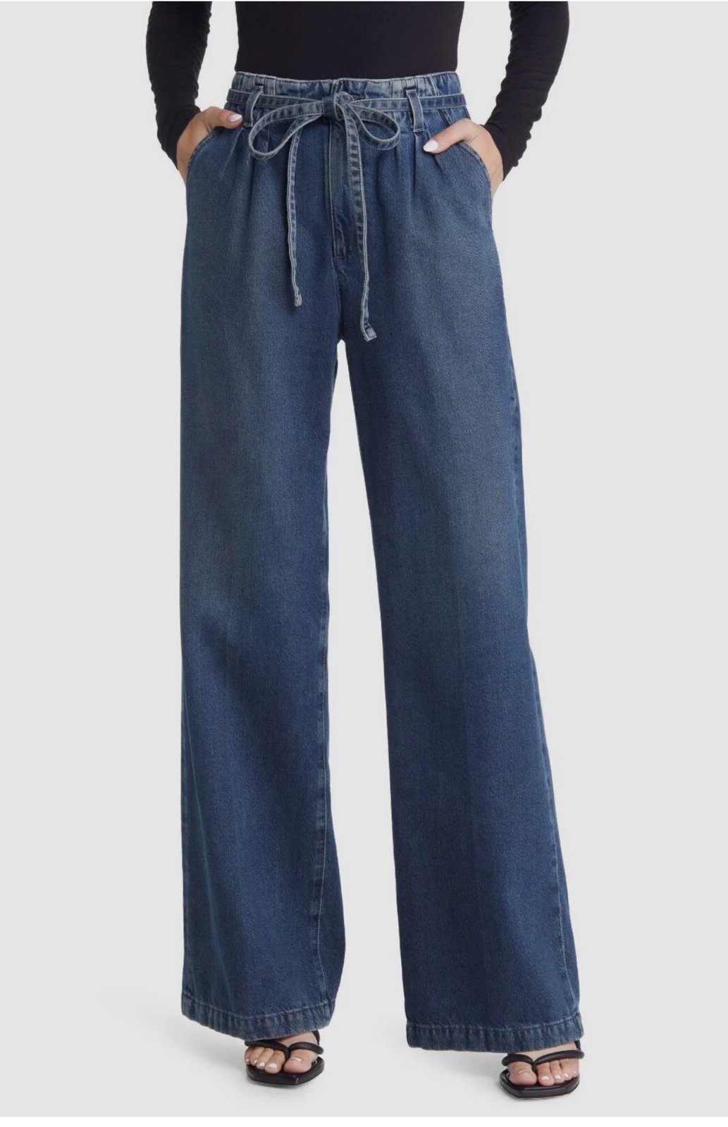 225 AG Jeans Women's Blue High-Rise Self-Tie Deven Wide-Leg Denim Pants Size 26