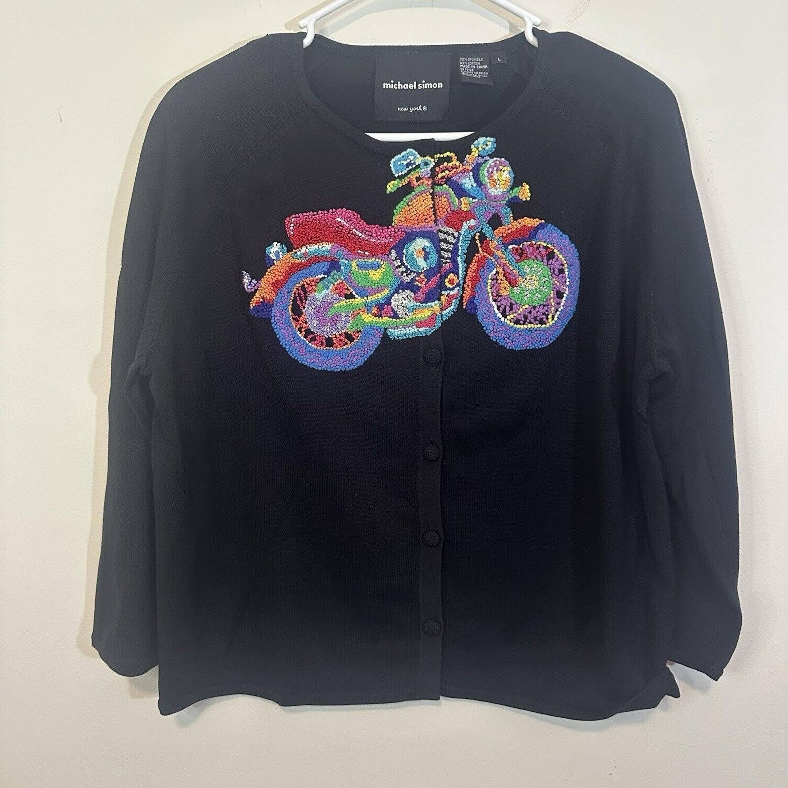 Vintage Michael Simon New York Cardigan Large Black Embroidered Motorcycle Silk