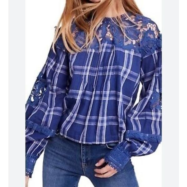 Free People Darling Diana blue embroidered lace plaid top size M BIN T