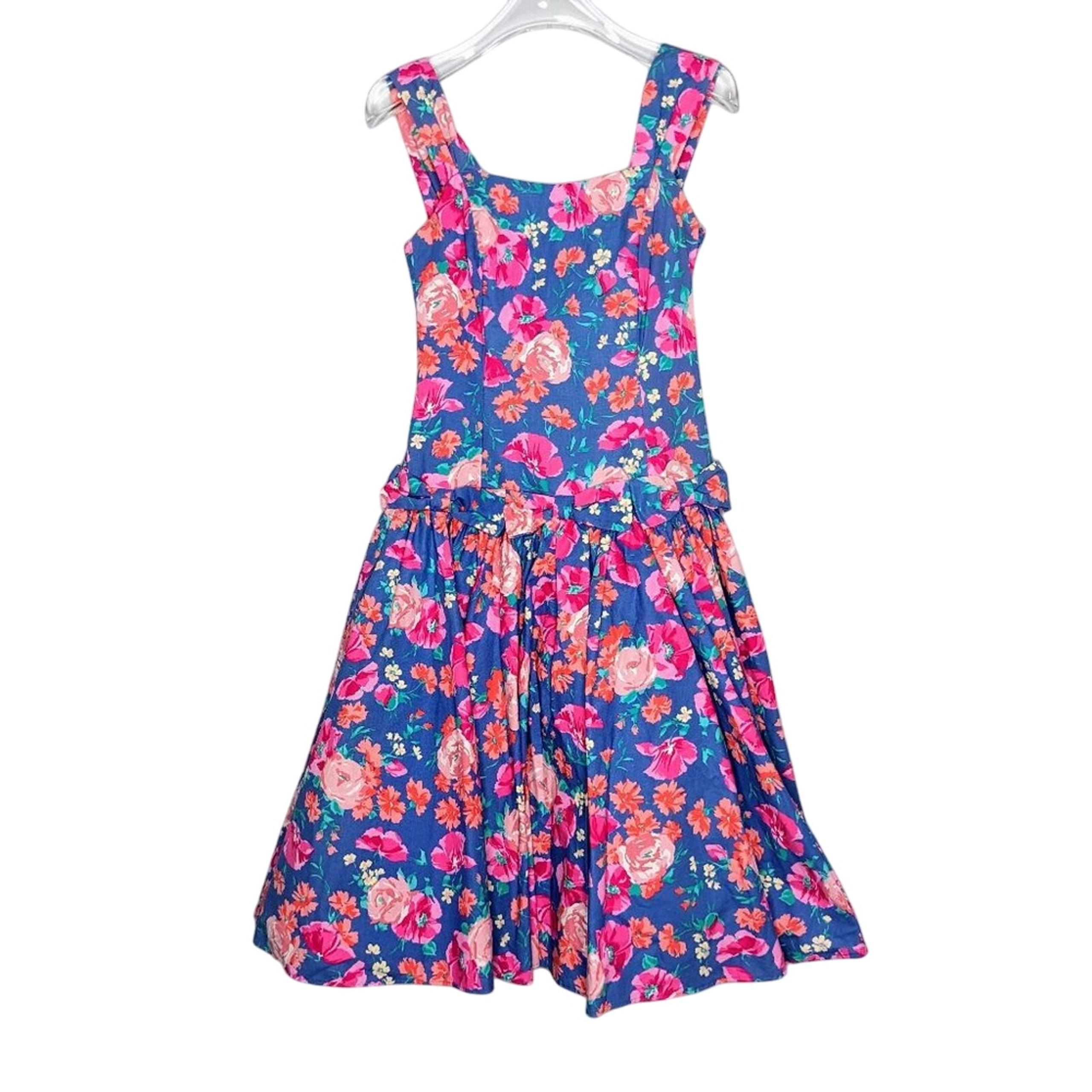 Laura Ashley Vintage 80's Floral Bow Dress Full Skirt Drop Waist Size 6