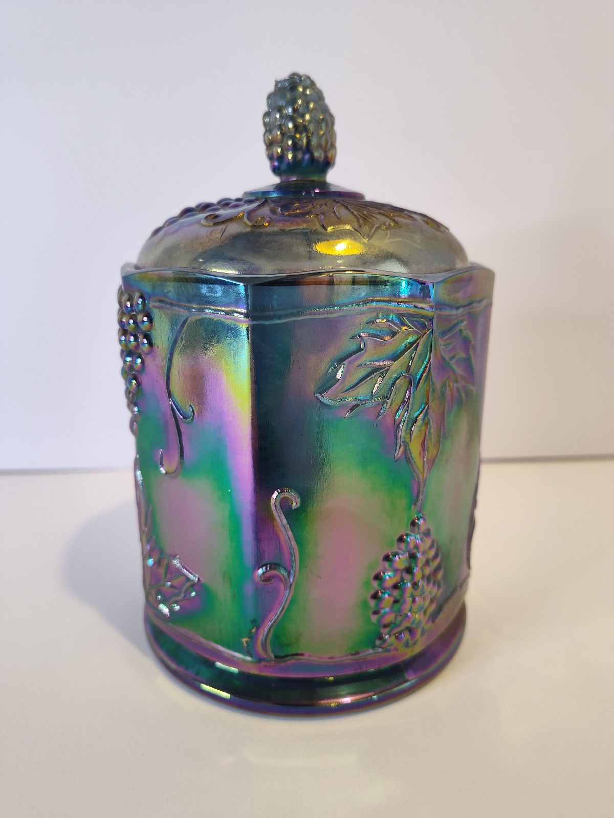 1970's Indiana Glass Company Carnival Glass (Blue) Grape Harvest Canister, w/Lid