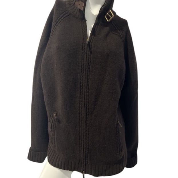Lauren Jeans Co Brown LambWool Full Zip With Buckle Collar Sweater Jacket L