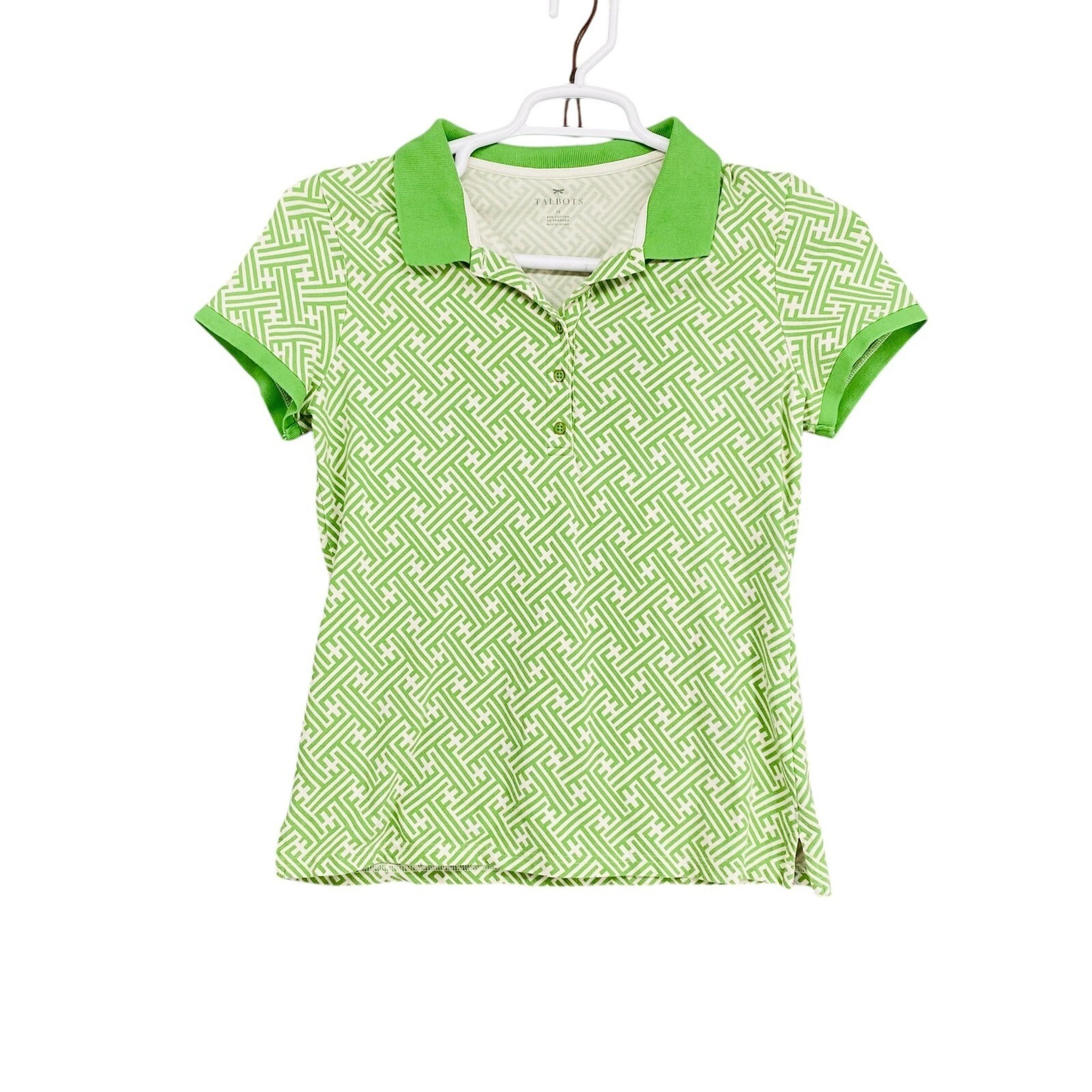 Talbots Geometric Print Golf Polo Shirt Short Sleeve Green White Size M