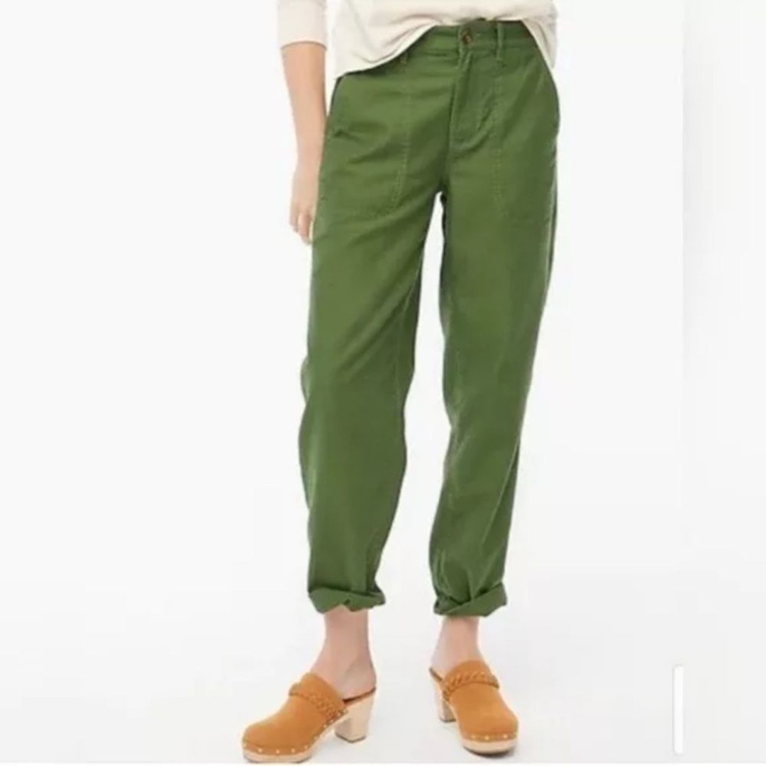 J. Crew Cotton Camp Pant Women’s Size 12 Patch Pockets Tapered Leg Casual Green