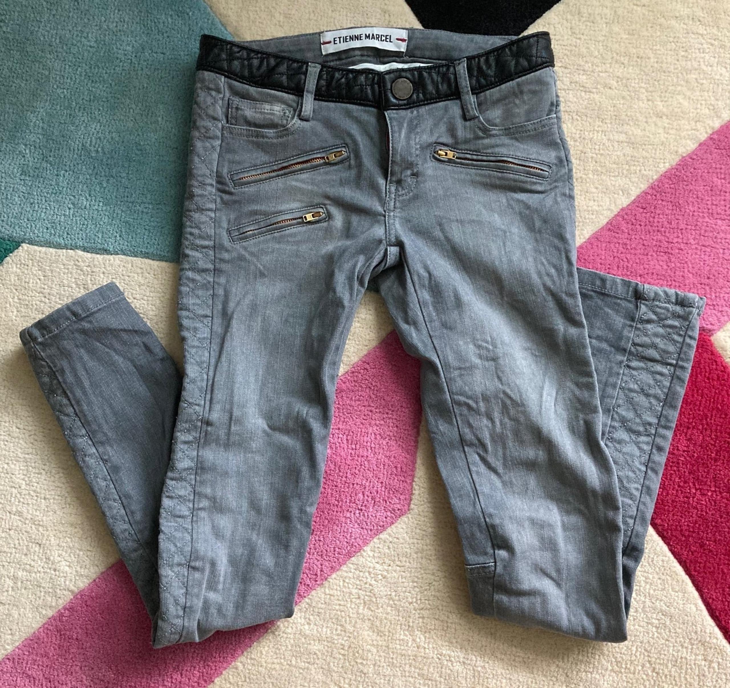 Etienne Marcel Grey Denim Low Rise Skinny Moto Jeans with Quilting Leather 25 0