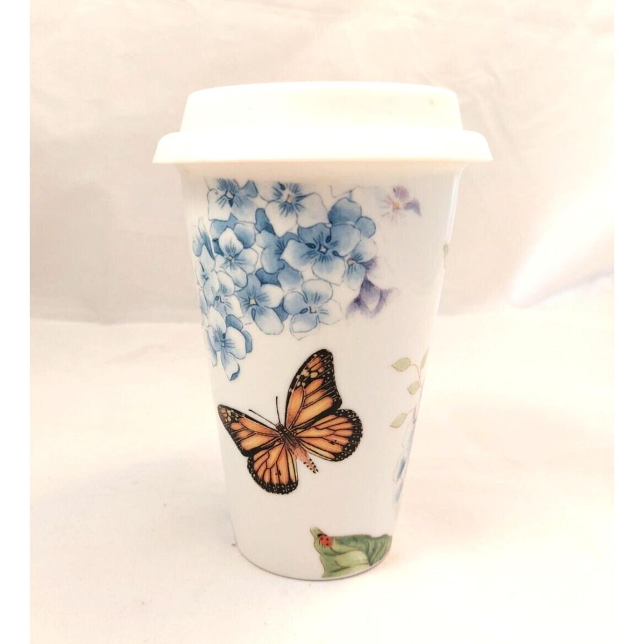 Lenox Butterfly Meadow Hydrangea 10 OZ Ceramic Thermal Travel Mug w/ Lid