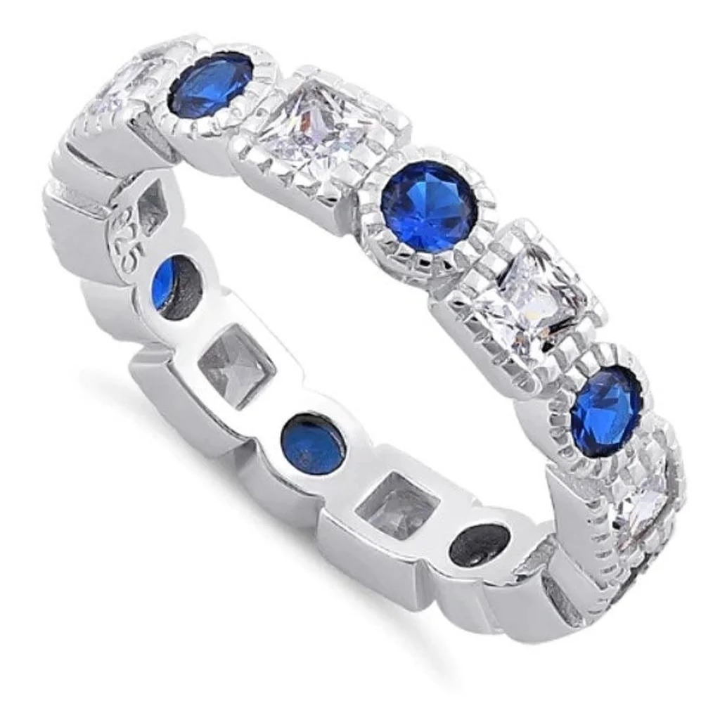 Size 7, 925 STERLING SILVER Blue Spinel & Clear CZ Eternity Band Ring