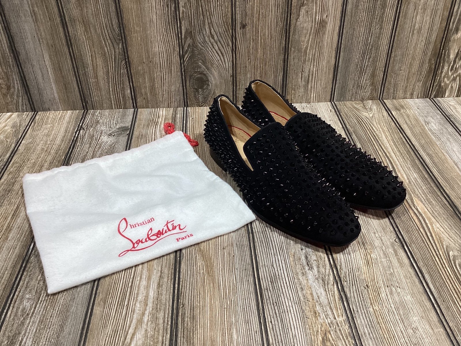 CHRISTIAN LOUBOUTIN BLACK SPIKE DANDELION Red Bottm LOAFERS mens size 47-14 US