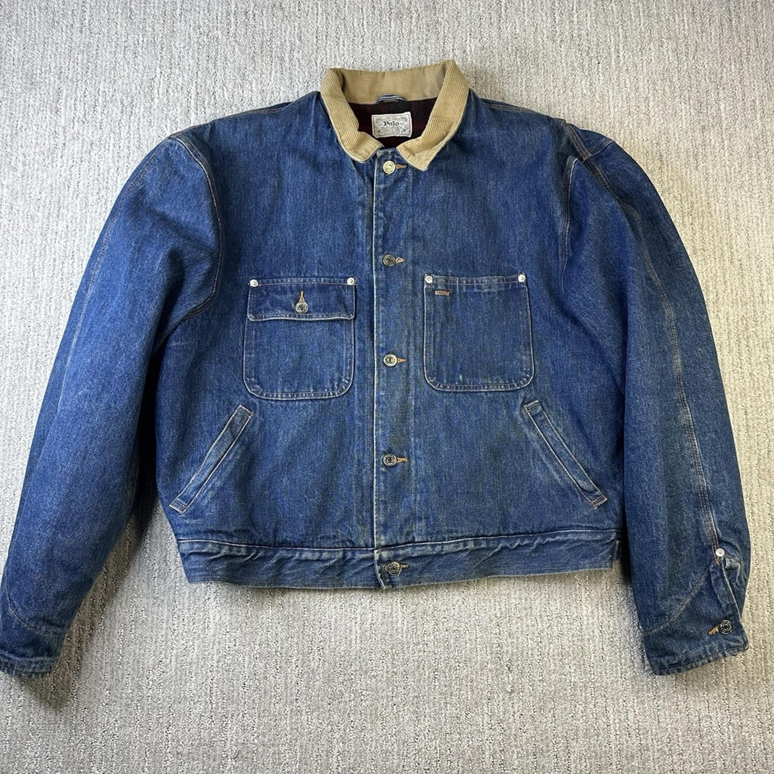Vtg 90s Polo Ralph Lauren Denim Jacket Plaid Blanket Flannel Lined Mens Size XL