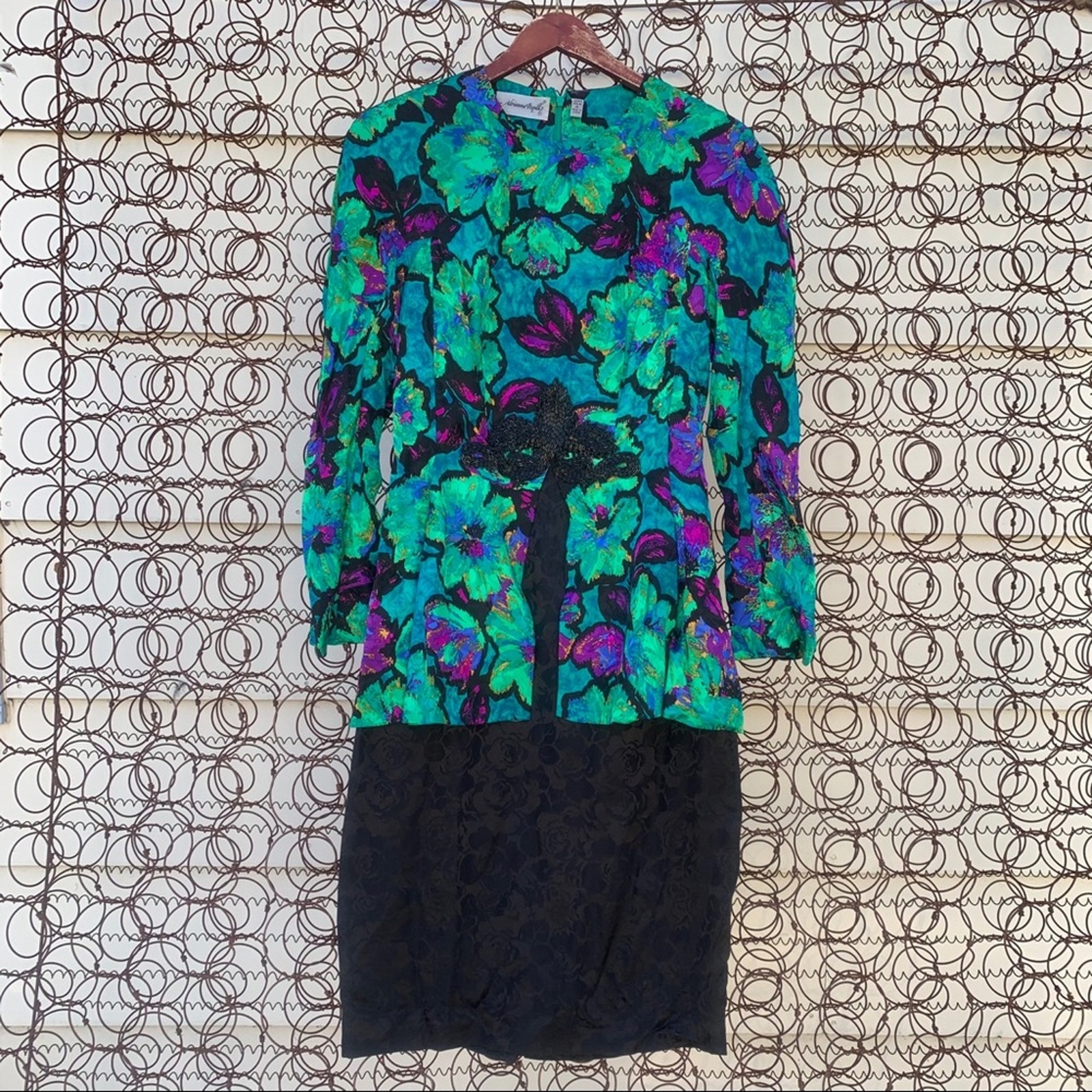Vintage 90s Adrianna Papell 100% silk dress neon green floral Size 8