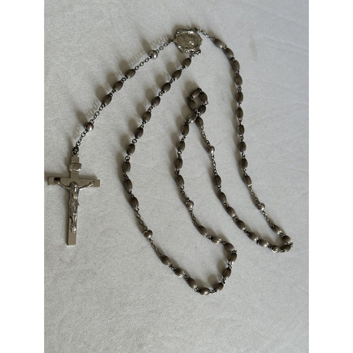 VINTAGE ALL STERLING SILVER BALL BEAD ROSARY PRAYER CRUCIFIX NECKLACE 20.88g 19”