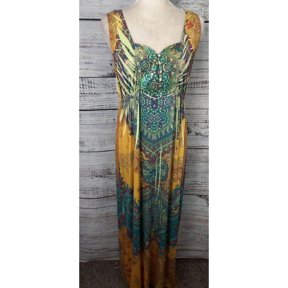 One World Dress Women's Medium Maxi Yellow Green Sleeveless Sequin Fairy Hippie