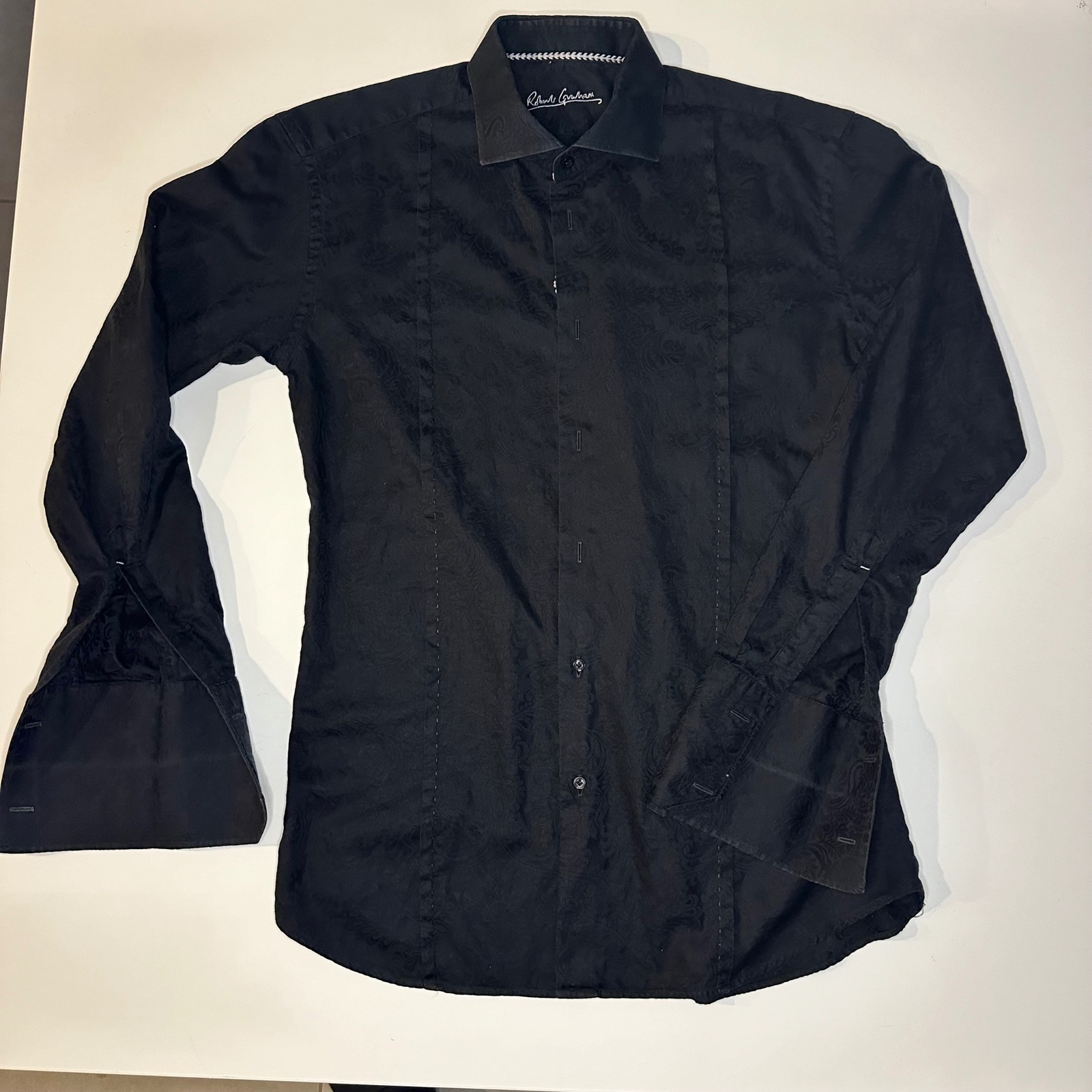 Robert Graham Mens Tuxedo Shirt Black French Cuff Paisley Print SZ 44 17.5