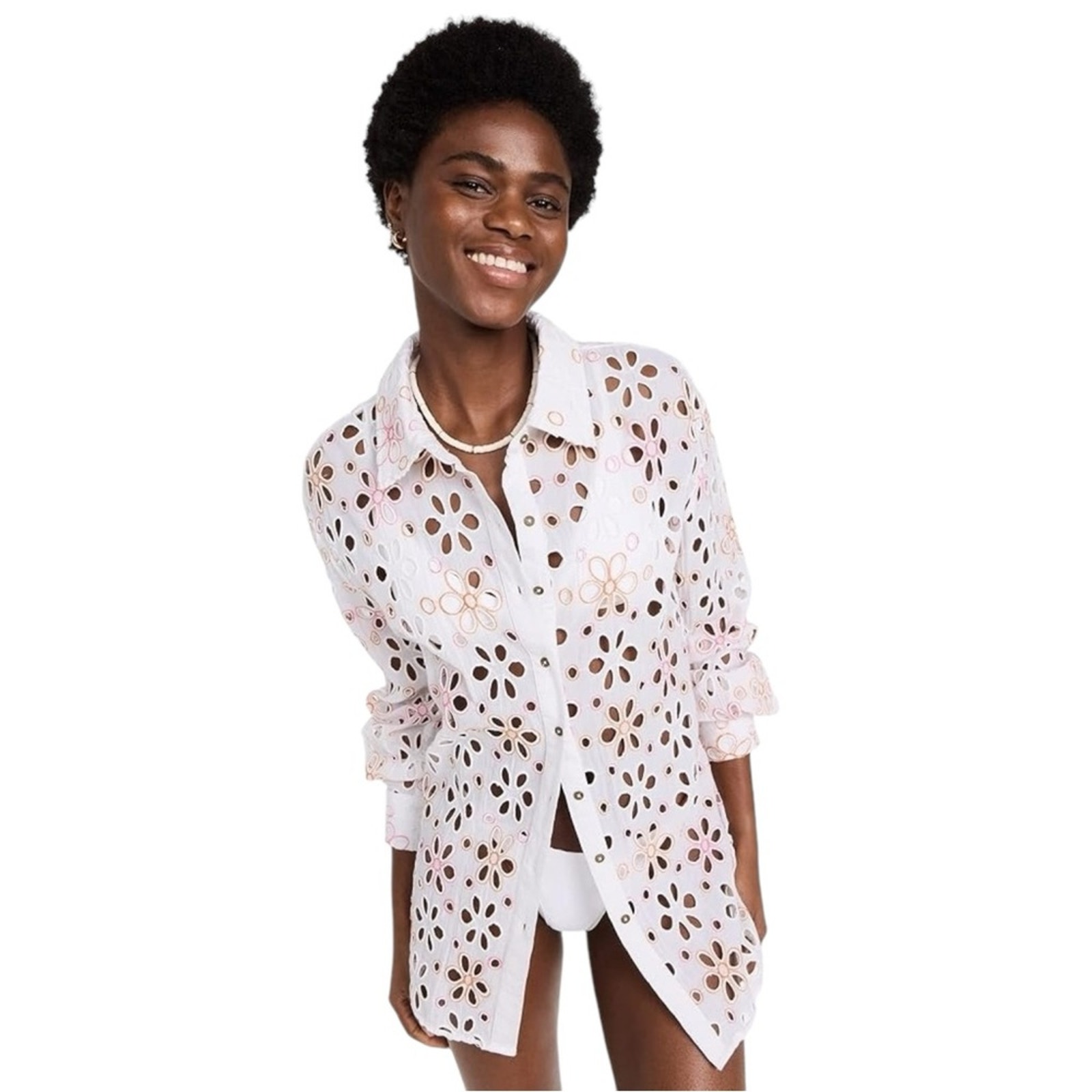 Ramy Brook Women's Gary Cut Out Cover Up Top M Floral Button Down Collared