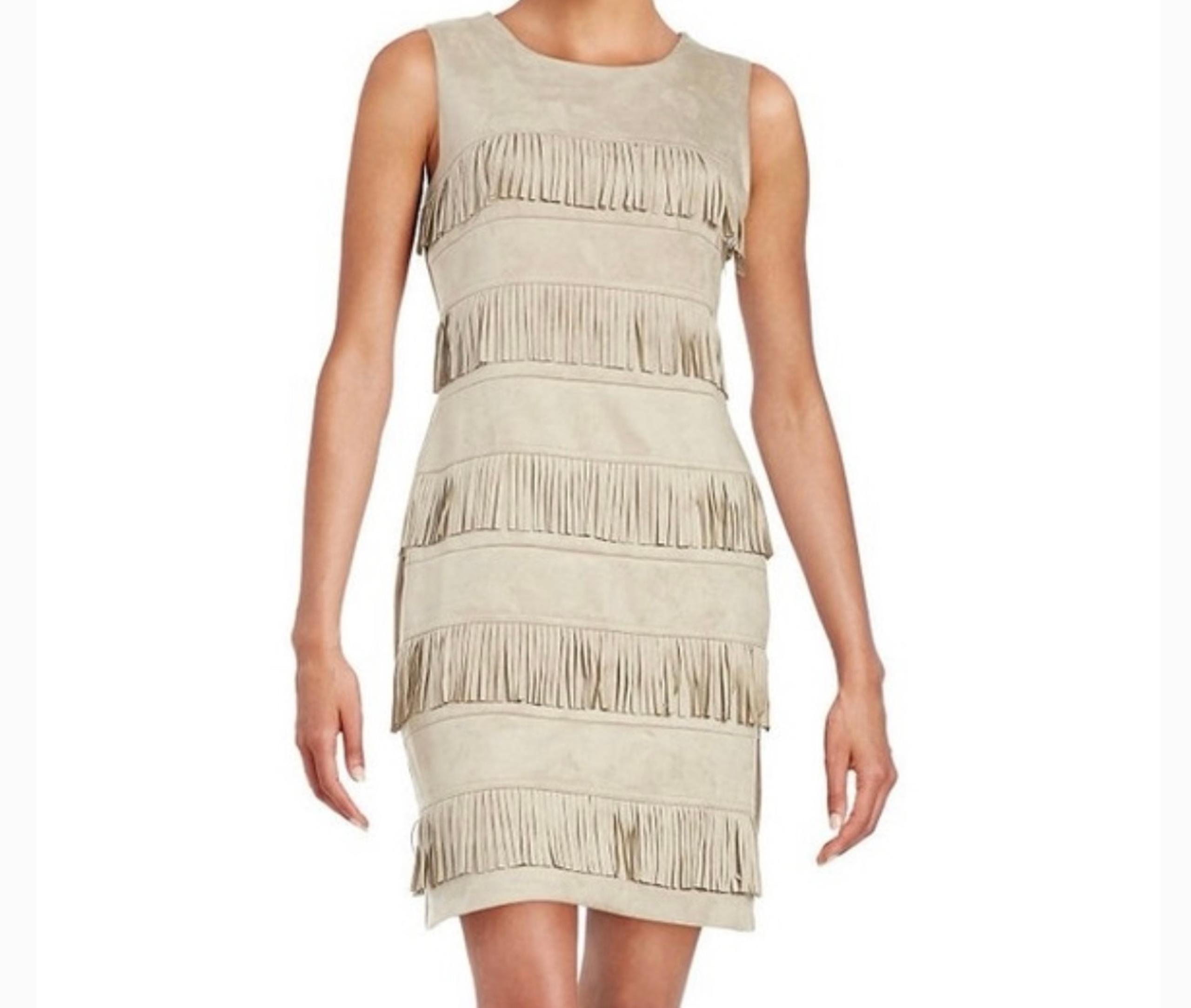 Calvin Klein Faux Suede Fringe Sheath Dress Tan 14