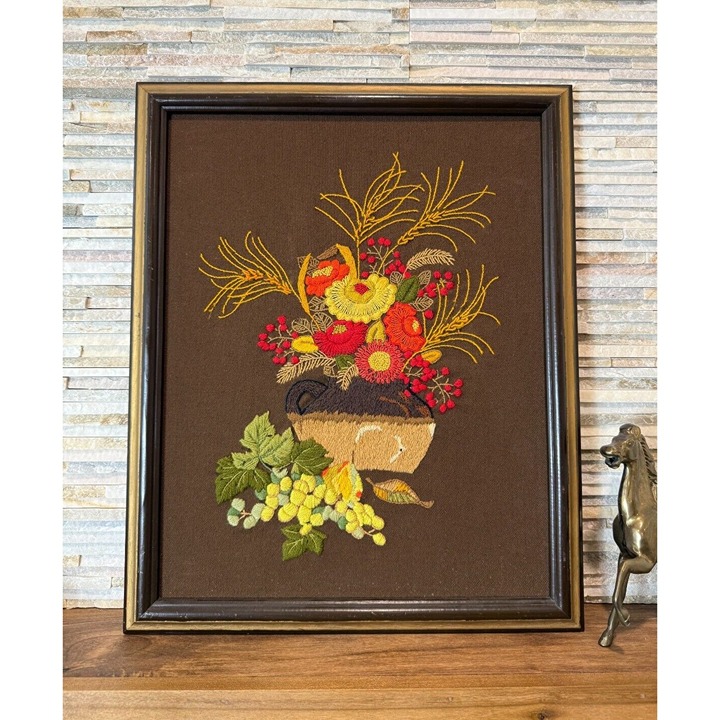 Vintage 70's Crewel Floral Vase Still Life Columbia Minerva 18 x22 Retro
