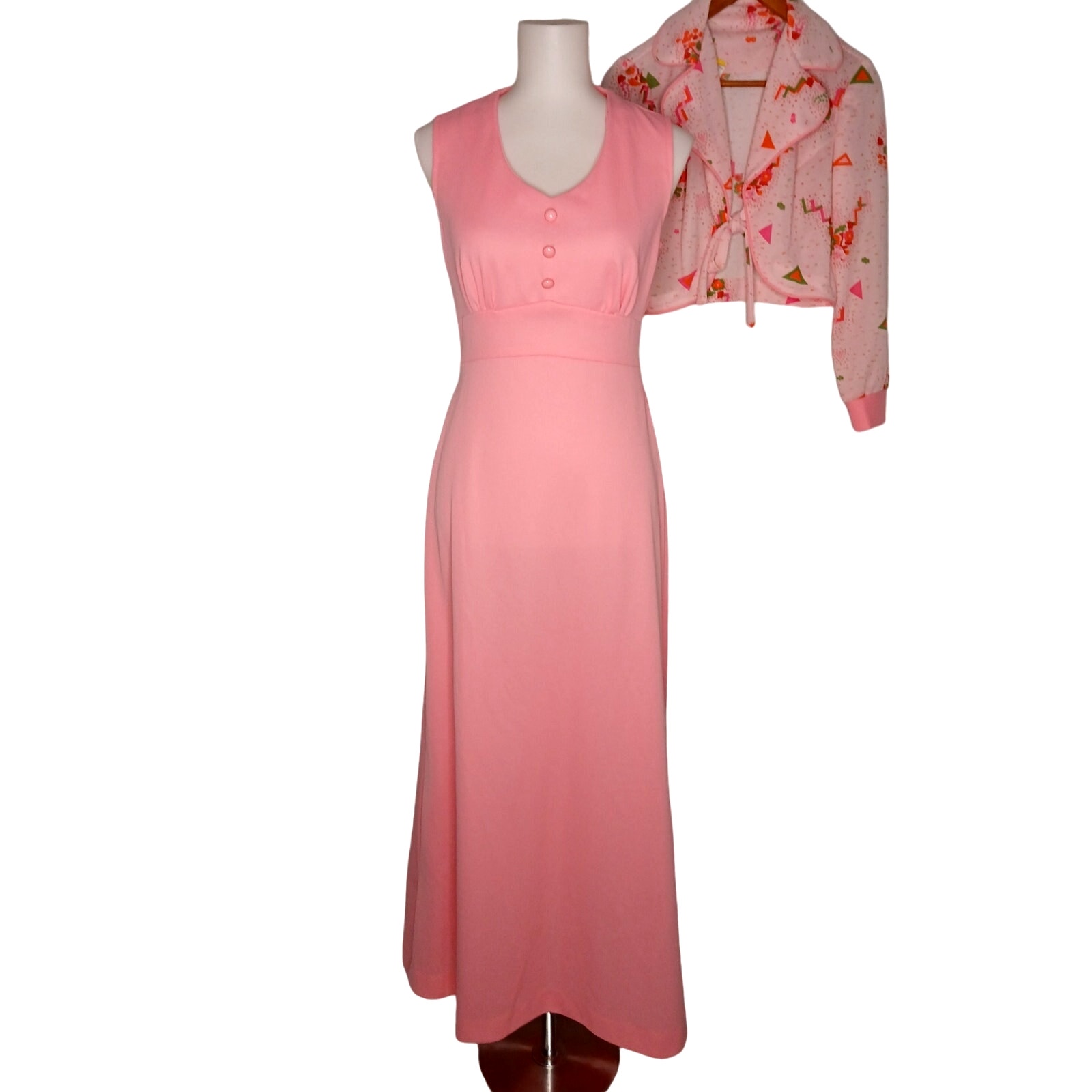 Vintage Maxi Dress and Matching Shrug Jacket Set 1960s Mod Geometric Floral Pink