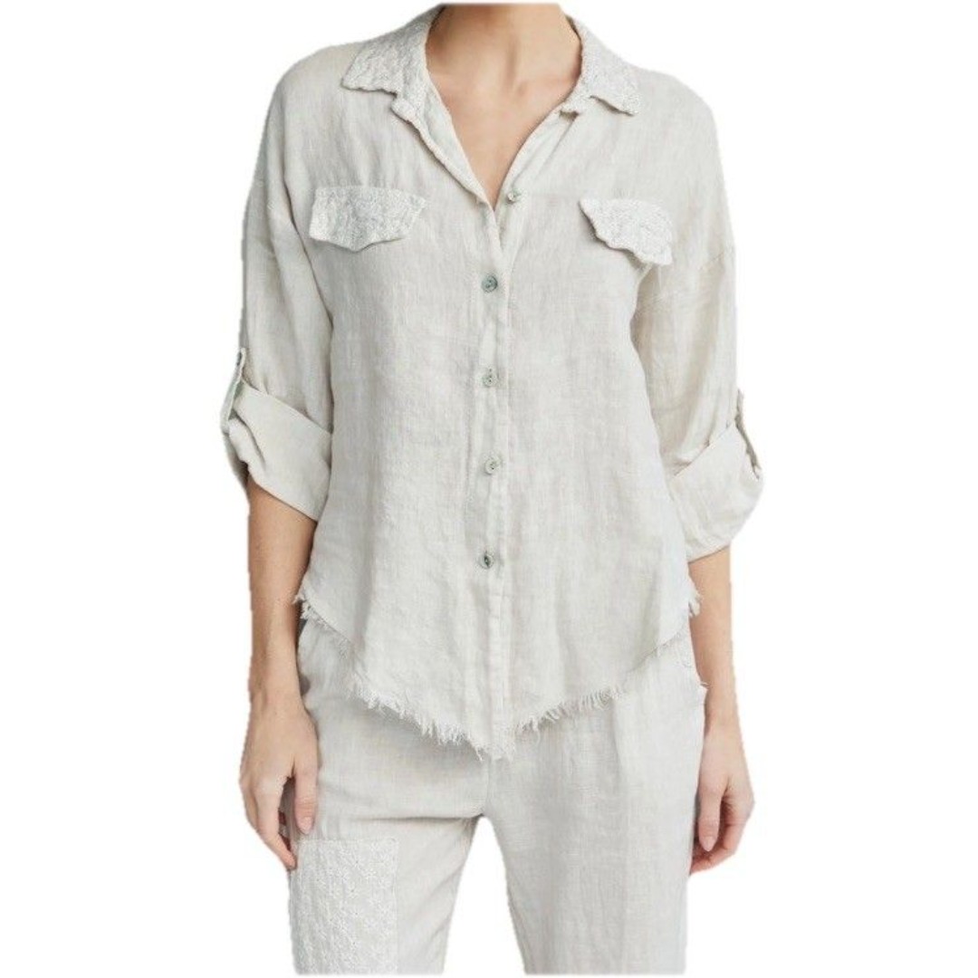 Tina Stephens Womens Sleeve  100% Linen Tunic Top Shirt Made in Italy Beige Sz L