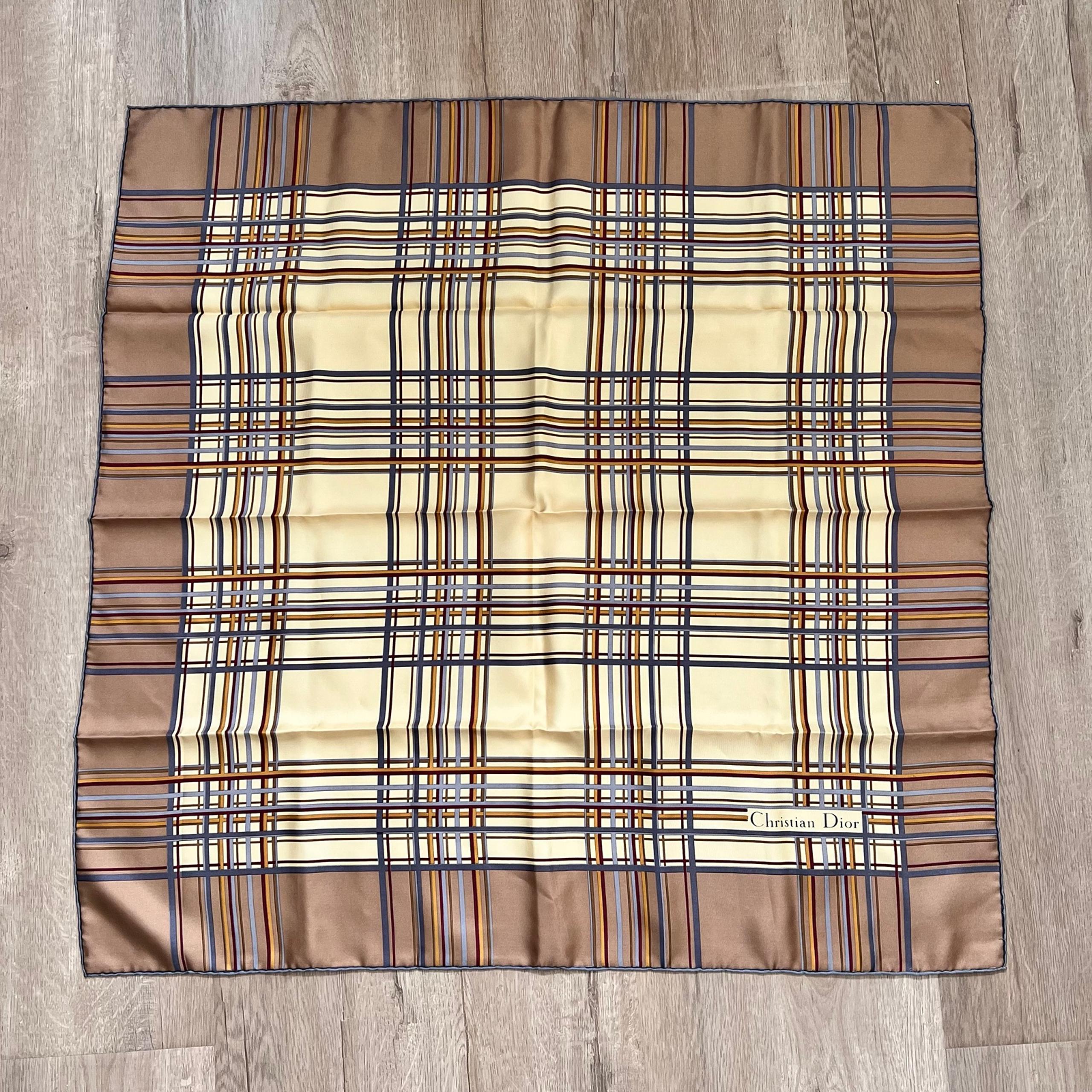 Christian Dior Scarf 100% Silk Authentic Brown Yellow Square 29.5'' France Mint