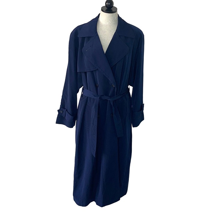 Vintage Bay Club Womens Trench Coat Navy Blue Size 14 Pure Polyester Nylon Lined
