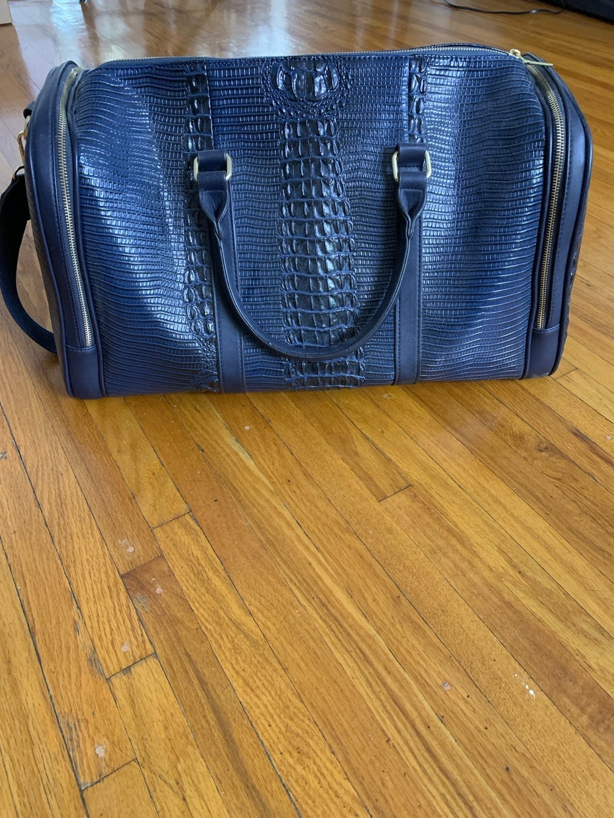 Brand New Crocodile skin pattern duffel bag in sapphire blue/gold
