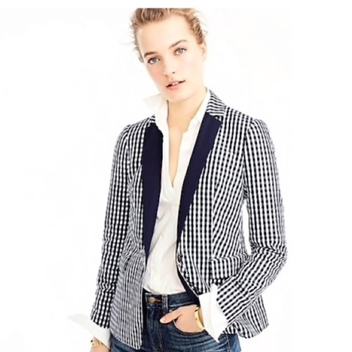 J Crew Navy Gingham Blazer with Button Cuffs Size 2