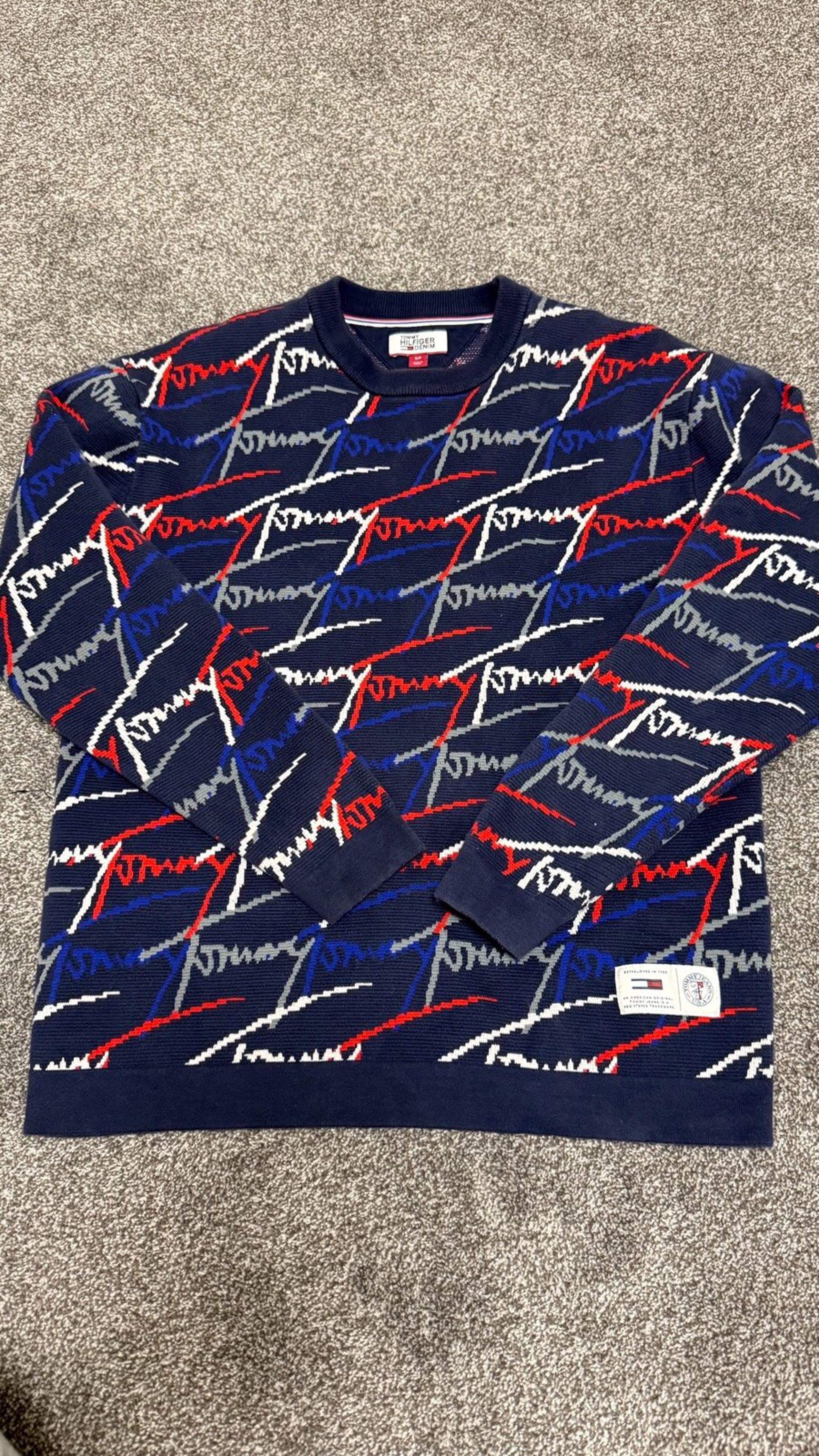 Mens S Tommy Hilfiger Signature Allover Print Sweater Navy Blue Red White Grey