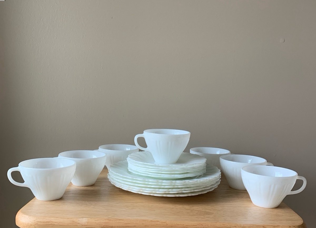 Vintage Corning Crown Toughened Milk Glass Dish Swirl Set