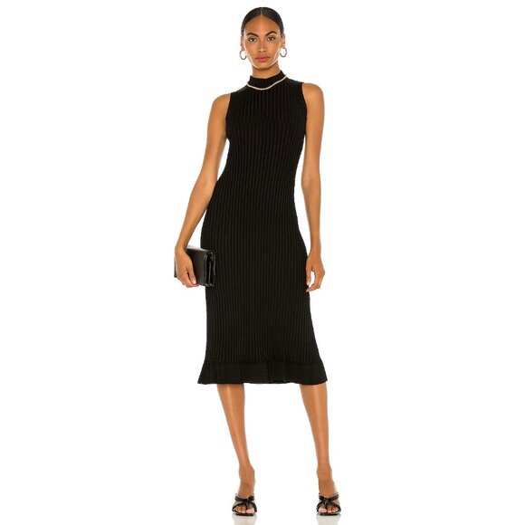 NWT Theory Flared Rib Midi in Black Glossed Stretch Ribbed Knit Dress S