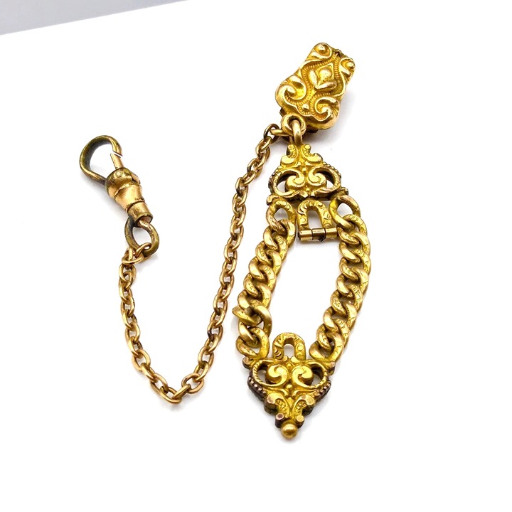 Antique Bliss Bros Watch Chain, GF Vest Jewelry with Fob and Dog Clip, Gold Fill