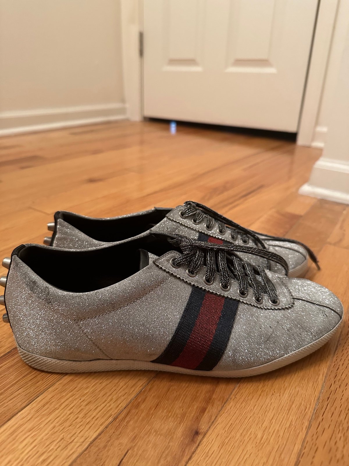 Gucci Ace Metallic Glitter Web Studded Silver Sneakers