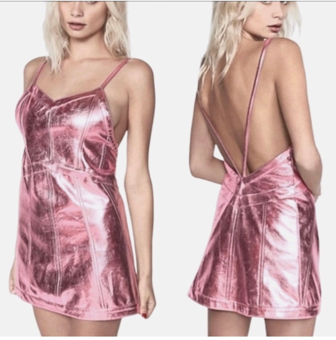 For Love & Lemons Metallic Pink Faux Leather Luna Mini Strappy Dress Size XS