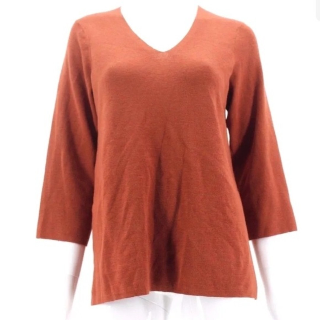 Eileen Fisher Top Rust Orange 100% Merino Wool V-Neck 3/4 Sleeve Sweater Small